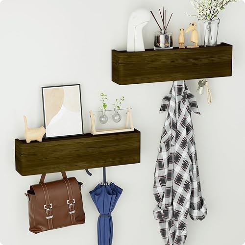 BUTUNITA Coat Rack Wall Mount with Shelf and 4 Metal Hooks for Clothes and Towels - Wooden Storage Shelf for Entryway, Bathroom, Bedroom, Living Room - Keys Holder on Wall - Dark Brown, Set of 2