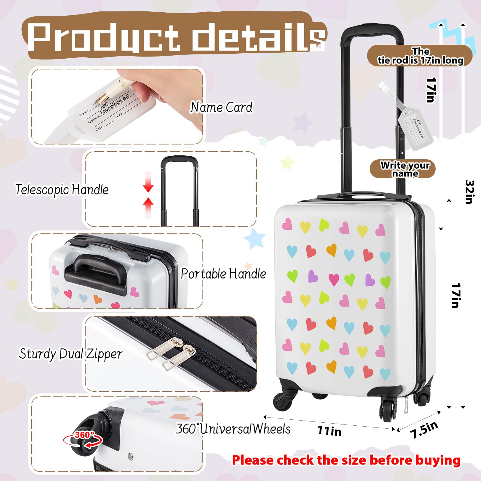 Redbaker 6 Pcs Kids Luggage Set 17 Inch Kids Rolling Luggage Double Pattern Suitcase for Girls Boys Gift(White,Love Style)