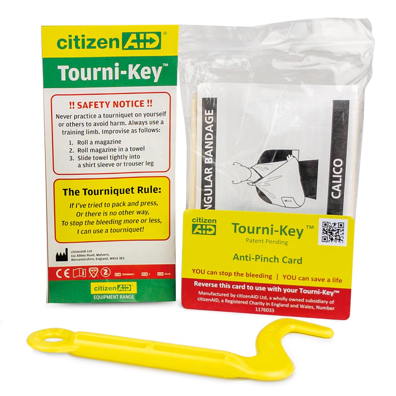 CitizenAID Tourni-Key Plus Tourniquet Emergency Kit - Reusable Limb Bleeding Control Device with Triangular Bandage & Anti-Pinch Card - First Aid Emergency Tourniquet Kit - Designed & Made in UK