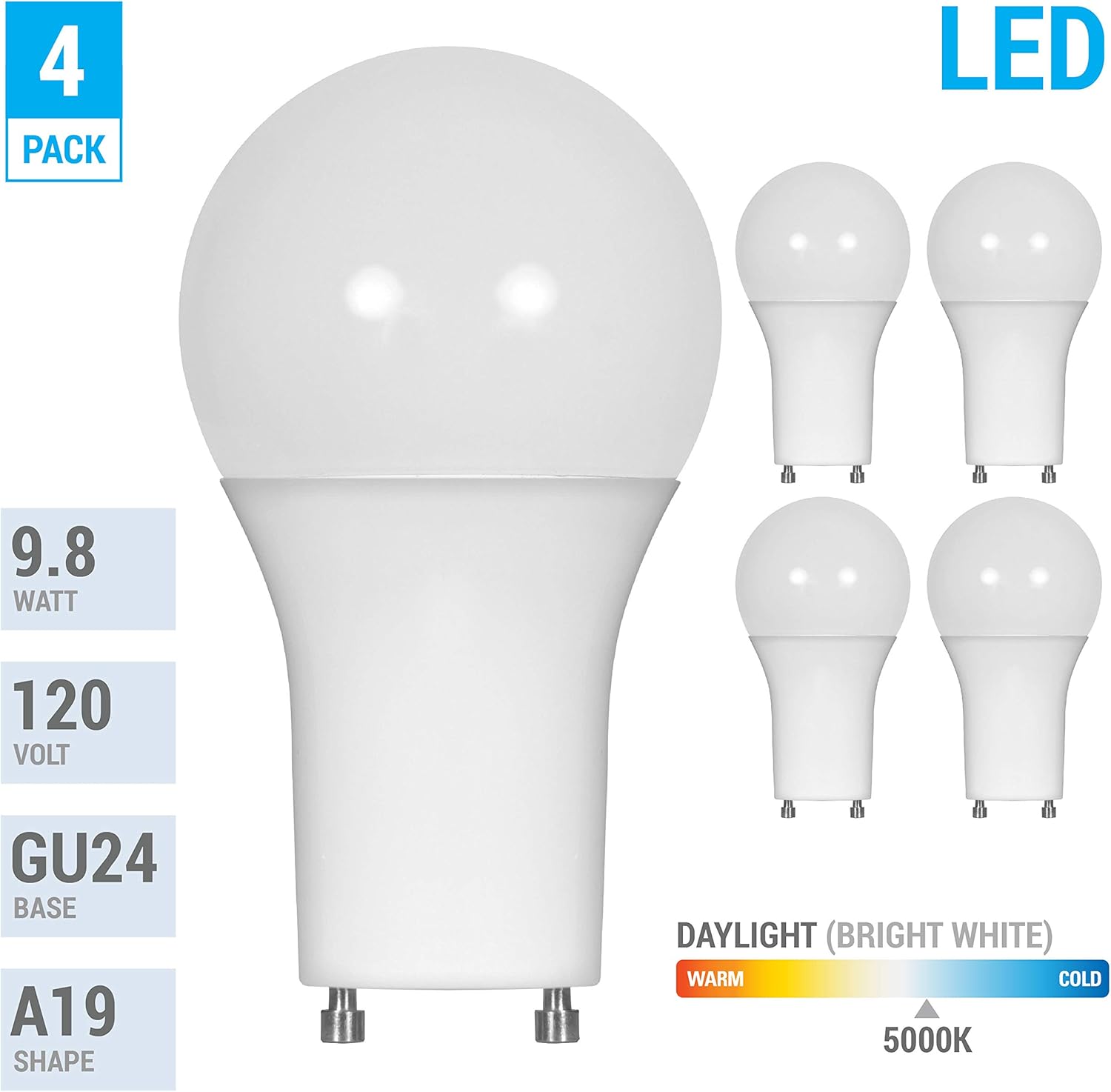 LED GU24 A19 Light Bulbs 60 Watt Equivalent, 9.5 Watt Dimmable Lights for Home with Twist & Lock Base, Replacing CFL GU24 Ceiling Light, Omni 220 Degree Beam Angle, 800 Lumen. (Daylight (5000K))