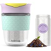 SoleCup. Travel Mug Loose Tea Infuser - Detachable Tea Strainer with Spillproof Lid - BPA-Free Reusable Glass Travel Coffee Cup with Silicone Band (Ice Cream, 12oz)