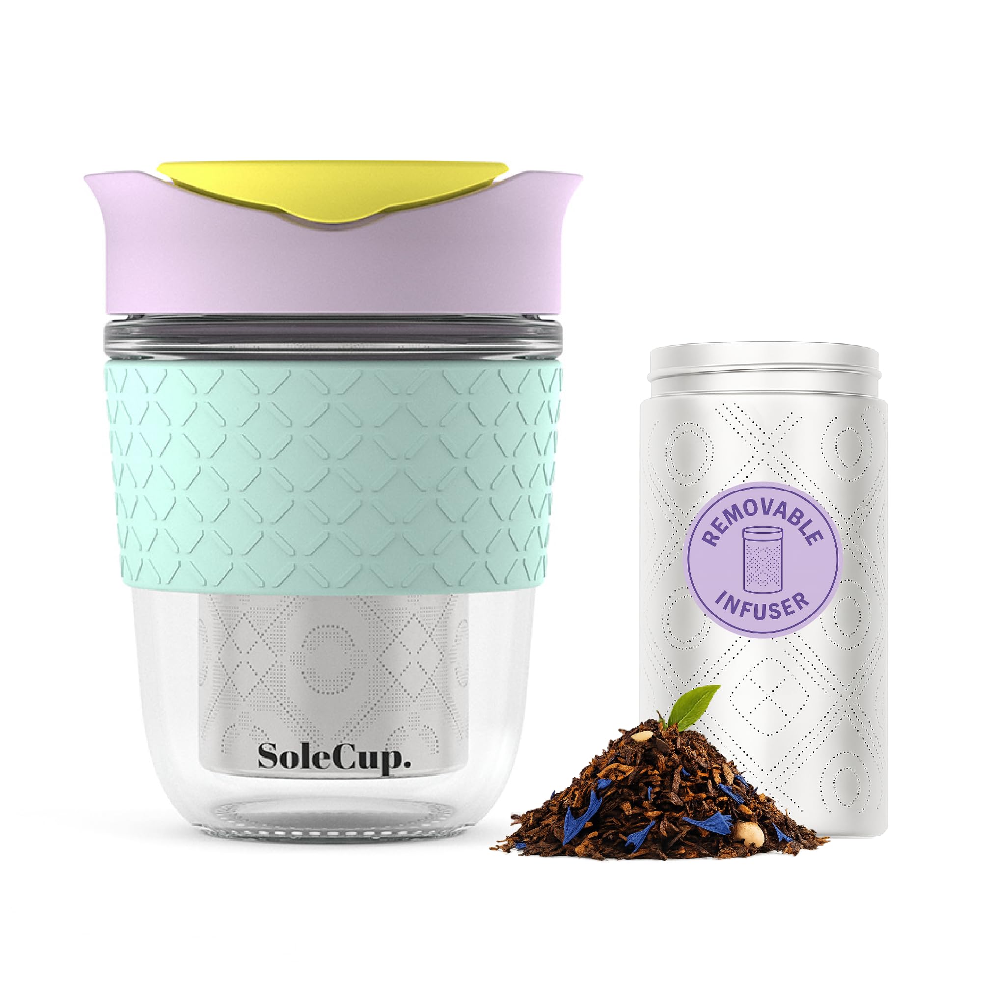 SoleCup. Travel Mug Loose Tea Infuser - Detachable Tea Strainer with Spillproof Lid - BPA-Free Reusable Glass Travel Coffee Cup with Silicone Band (Ice Cream, 340ml / 12oz)