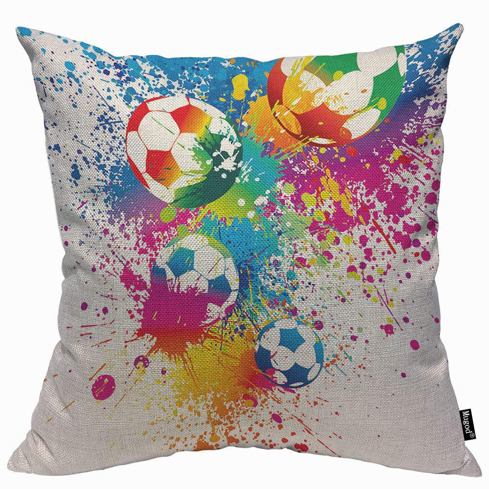 Mugod Colorful Football Cushion Cover Throw Pillow Covers Sports Passion Raibow Color Soccer Balls Doodle Polka Dot Pillow Case for Men Women Decorative Home Sofa Chair Couch 45x45cm/18x18 Inch
