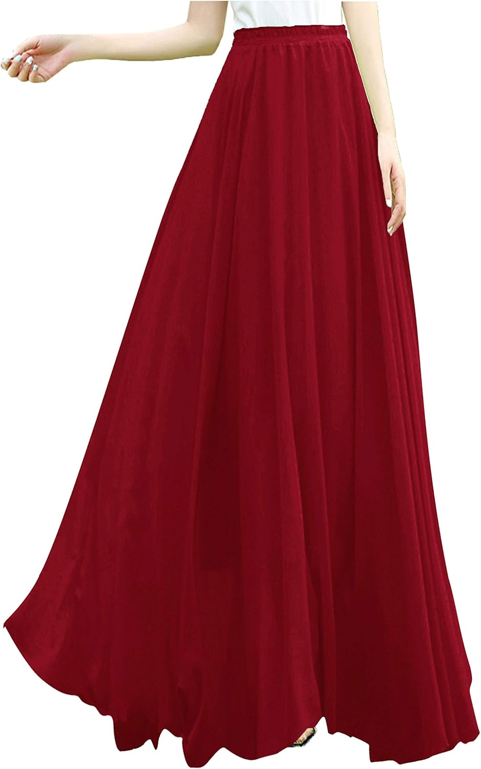 v28 Women Full/Ankle Length Elastic Pleated Retro Maxi Chiffon Long Skirt at  Women’s Clothing store