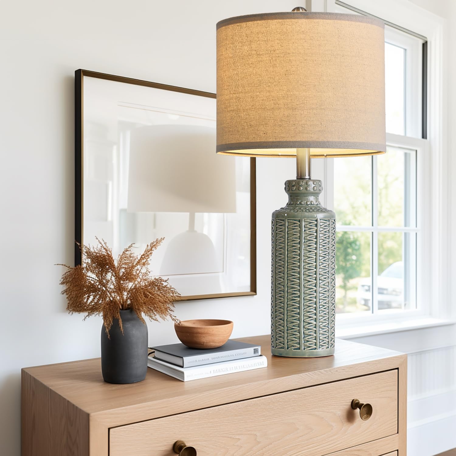 Photo 1 of USumkky 24.75'' Farmhouse Light-Green Ceramic Single Table Lamp for Bedroom Living Room Vintage Traditional Rustic Modern Nightstand Bedside Lamps