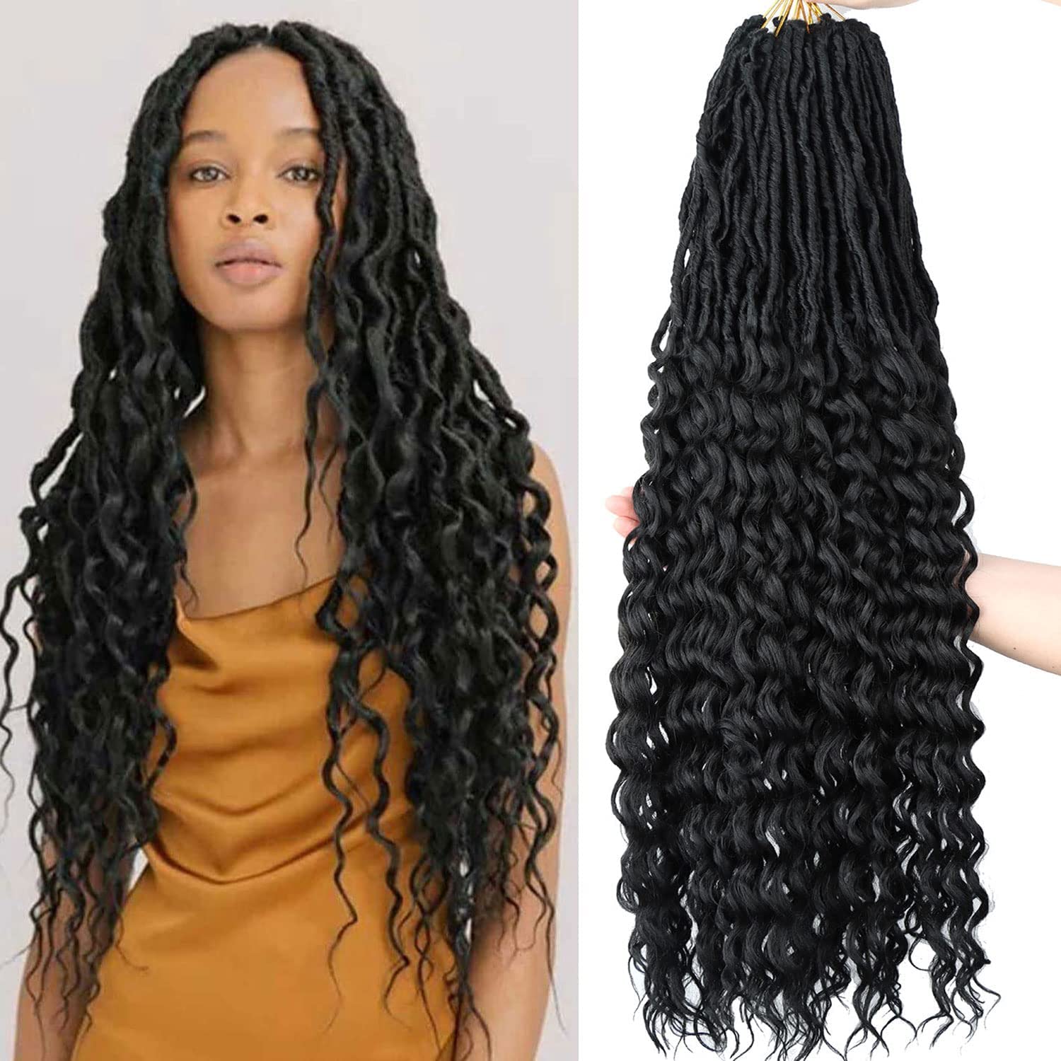 FANWYFYU New Faux Locs Crochet Hair With Deep Curly Ends 30 Inch 6Packs Black Goddess Soft Locs Synthetic Braids Prelooped Dreadlock Hair Extensions ((1B) — image 1
