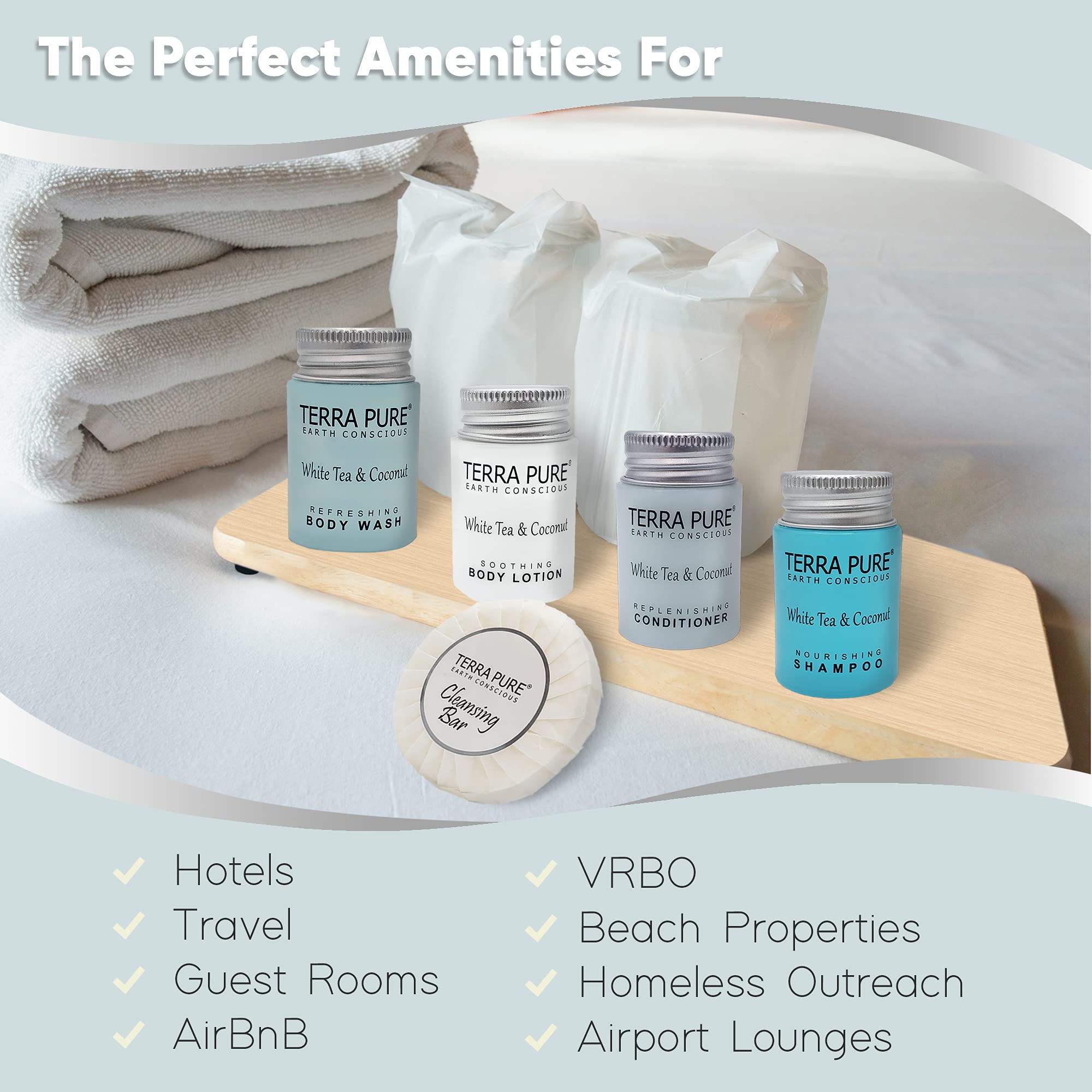 Terra Pure White Tea & Coconut Toiletries Set | 1-Shoppe Amenities Kit | 1oz Shampoo & Conditioner, Body Wash, Lotion, 1.25oz Bar Soap | Travel Size | 300 Pieces