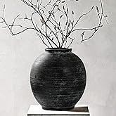 Large Black Ceramic Vase Home Decor, Round Farmhouse Table & Floor Vases Rustic Vintage Living Room Entrway Kitchen Bedroom Decorations，Minimalist Hand-Made Textured Vase (10.8” H Black Bronze)