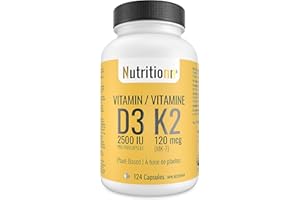 Vitamin D3 K2 Supplement - 2500 IU D3, 120 mcg K2 MK7 x 124 Capsules - Plant-Based, Vegan - Prevents Deficiency, Supports Bon