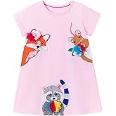 FreeLu Girls' Cotton Short Sleeve Dresses Cute Stripe Cartoon Patterned Casual Sundress