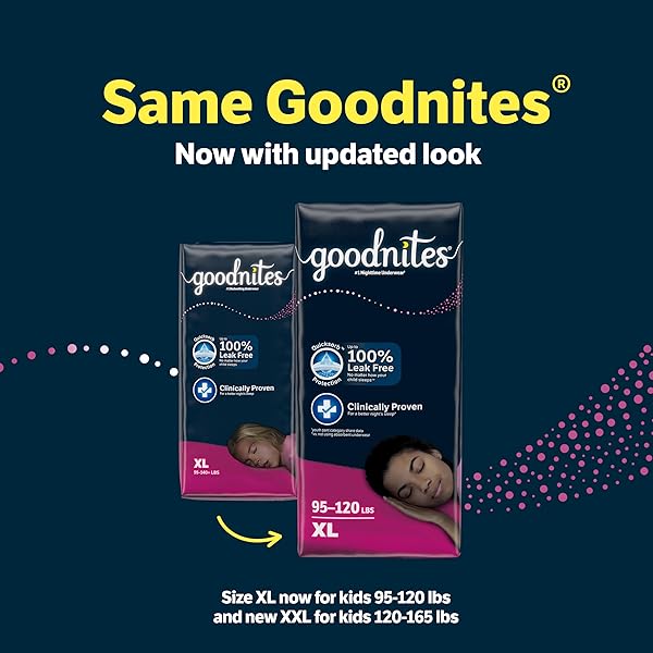 GOODNITES GIRLS’ NIGHTTIME BEDWETTING UNDERWEAR, SIZE EXTRA LARGE (95-120 LBS), 28 CT (2 PACKS OF 14), PACKAGING MAY VARY
