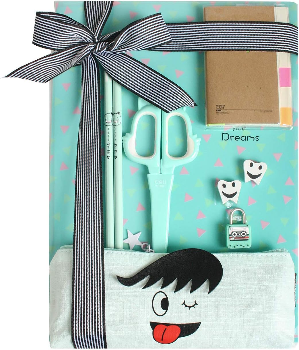 Emartbuy Premium Green & Black Stationery Gift Set Includes A7 Nature Notebook Document Folder Pencil Case Padlock & Accessories Back to School Kit for Students & Teens