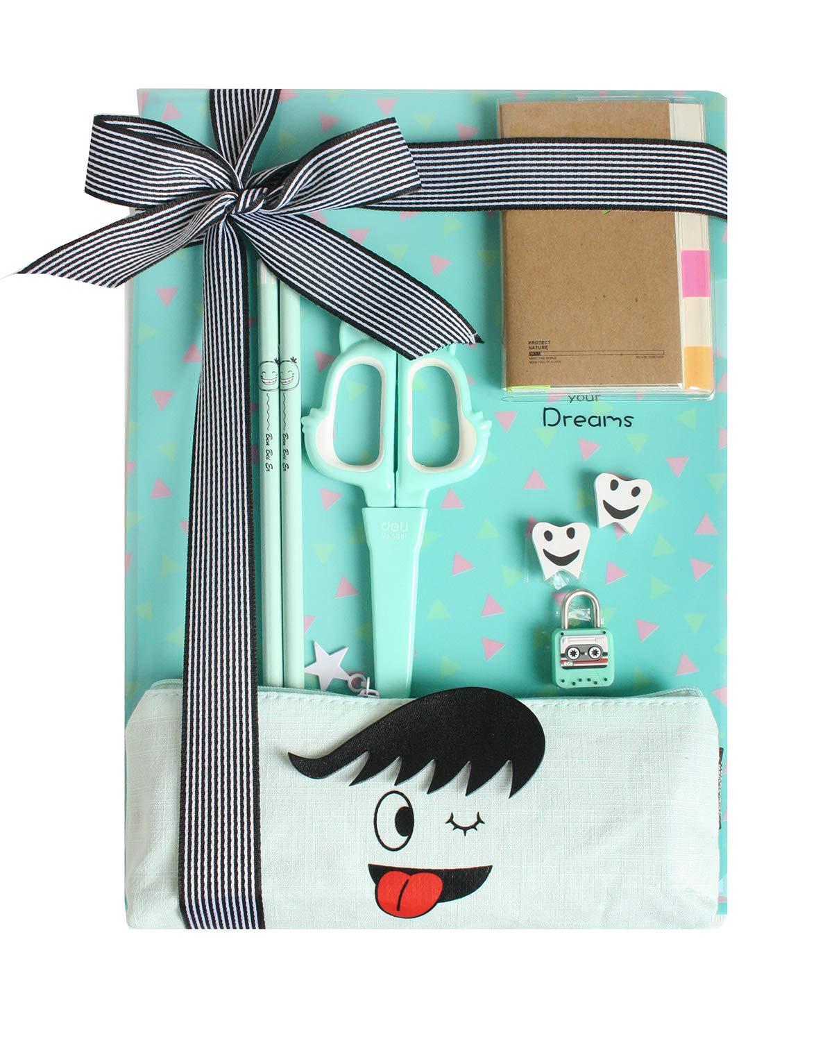 Emartbuy Premium Green & Black Stationery Gift Set Includes A7 Nature Notebook Document Folder Pencil Case Padlock & Accessories Back to School Kit for Students & Teens