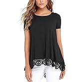 RAGEMALL Women's Tops Short Sleeve Lace Trim O-Neck A-Line Tunic Blouse Tops for Women