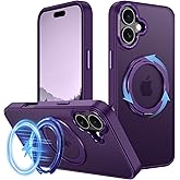 v-Golvin Strong Magnetic for iPhone 16 Plus Case with Stand,Fit for MagSafe,360°Rotatable Ring Designed,Translucent Matte Texture Protective Military Grade Shockproof,All Purple