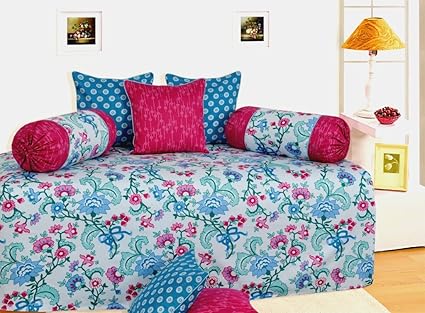 Salona Bichona Cotton Satin Vivatera Blue Colored Abstract Diwan Set Set of 6