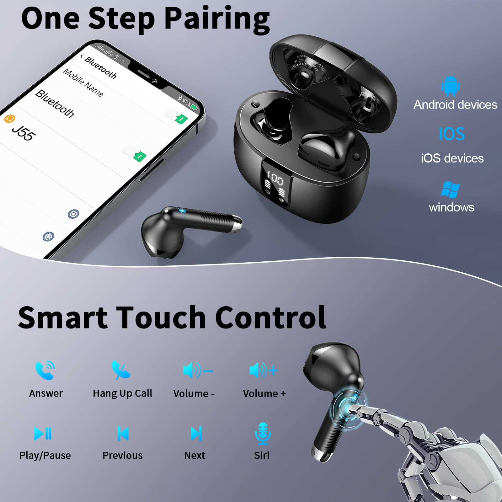 Bluetooth Kopfhörer, In Ear Kopfhörer Kabellos Bluetooth 5.4 Kabellose Kopfhörer mit 4 Mic, Neue ENC Noise Cancelling Wireless Earbuds 48H Tiefer Bass, IP7 Wasserdicht Ohrhörer LED-Anzeige USB-C 6