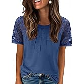 Zeagoo Womens Lace Short Sleeve Shirts Summer Tops Dressy Casual Tshirts Fashion Blouses Trendy Vacation Pleated Tees