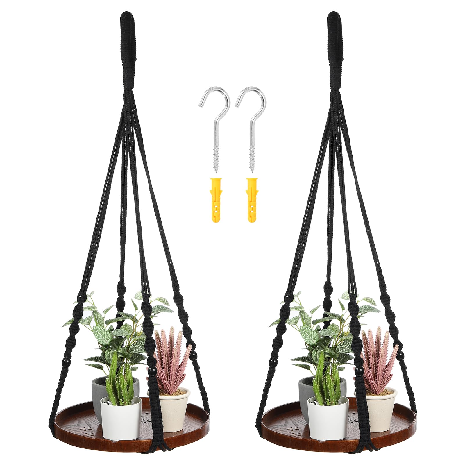 PATIKIL Macrame Plant Hangers Indoor, 2 Pack Hanging Plant Shelf with Sturdy Wood Base for Home Decor Hanging Wall Ceiling Window, Black
