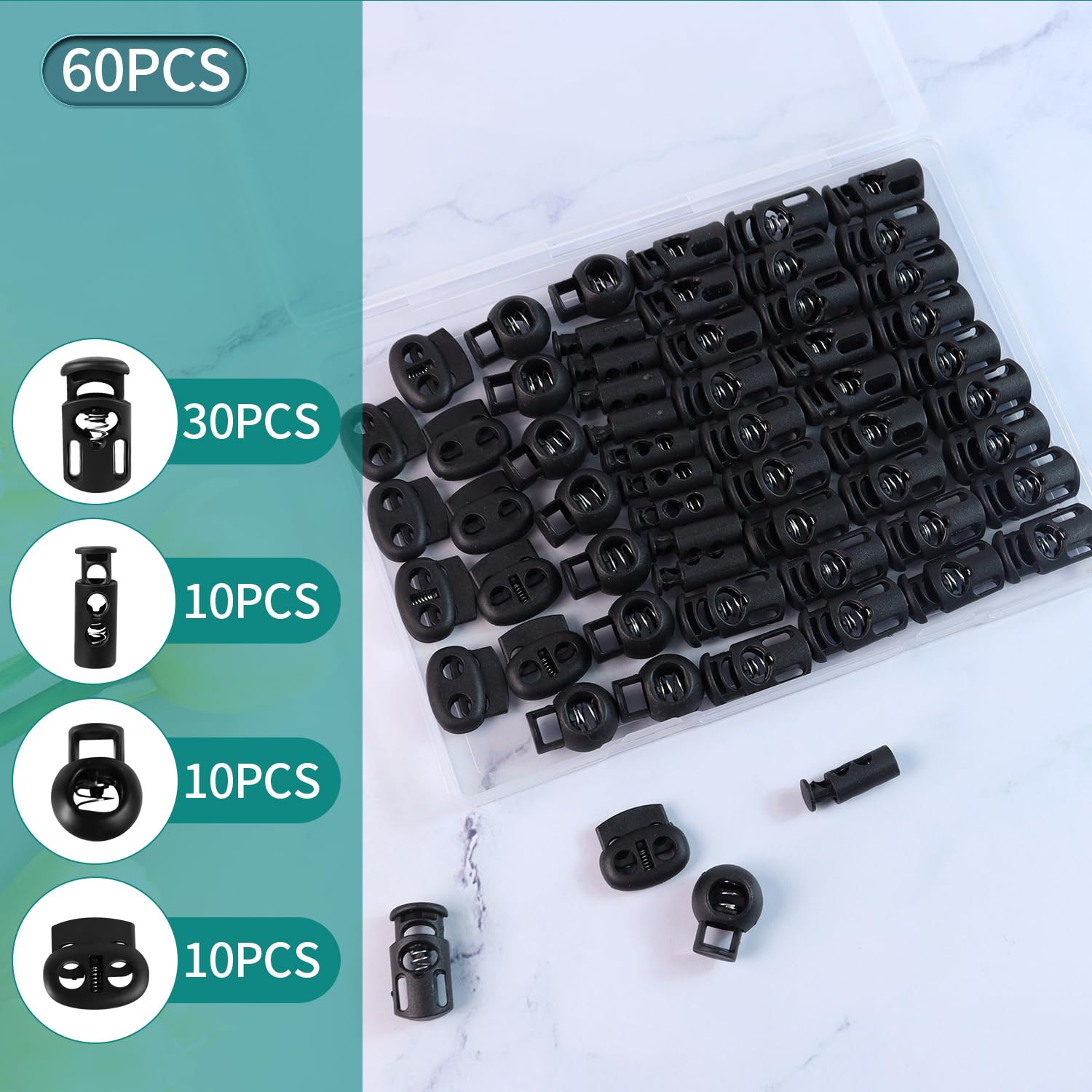 Quadafy 60 Pack 4 Sizes Plastic Cord Lock, Spring Toggle Stopper With, Draw String Clip, For Drawstrings, Shoelaces, Paracord, Hoodie Cord Clips, Sweatpants And More