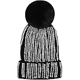 Caviotess Women Sparkly Sequins Knitted Beanie Hat Warm Winter Skull Cap with Faux Fur Pom Pom