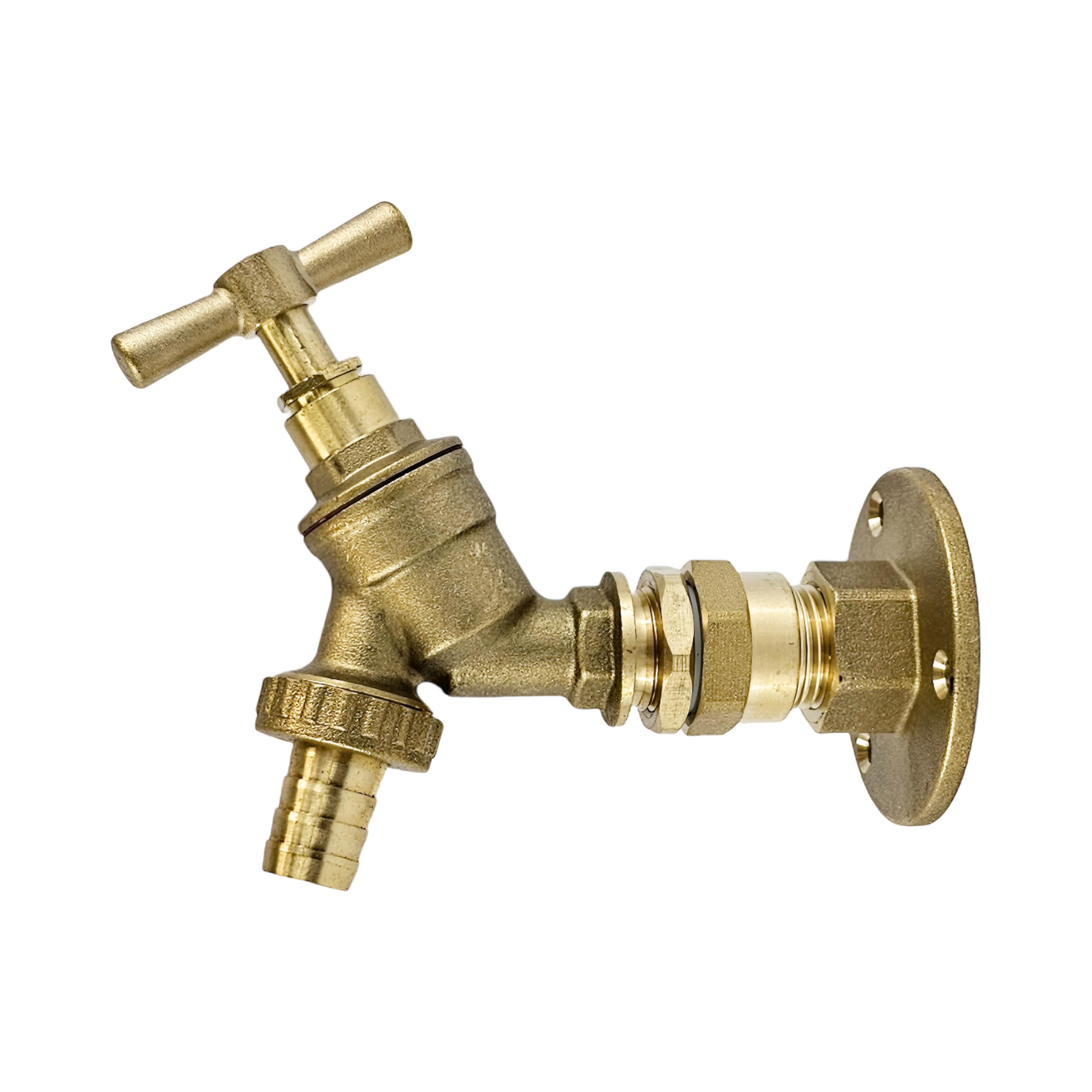 Outside 1/2 Garden Tap with Through The Wall Flange Bracket Set for 15mm Copper Or 15mm Plastic Pipe (Brass Bib Tap)