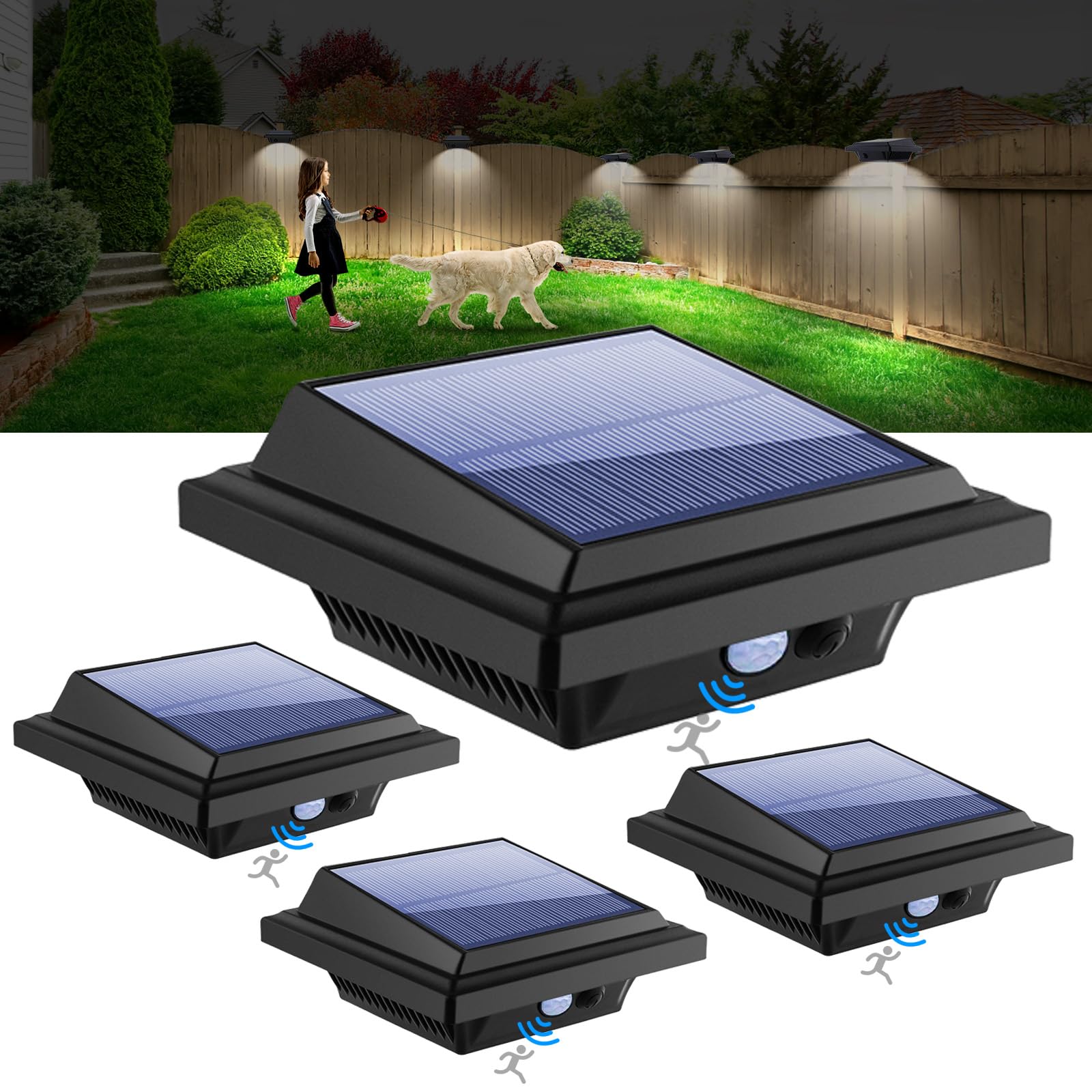 KEENZO Solar Lights Outdoor, 25 LED 500LM Motion Sensor Solar Lights for Garden Fence Gutter, IP65 Waterproof, Wireless Decorative Solar Powered Wall Security Light (Cold White Light, 4 Packs)