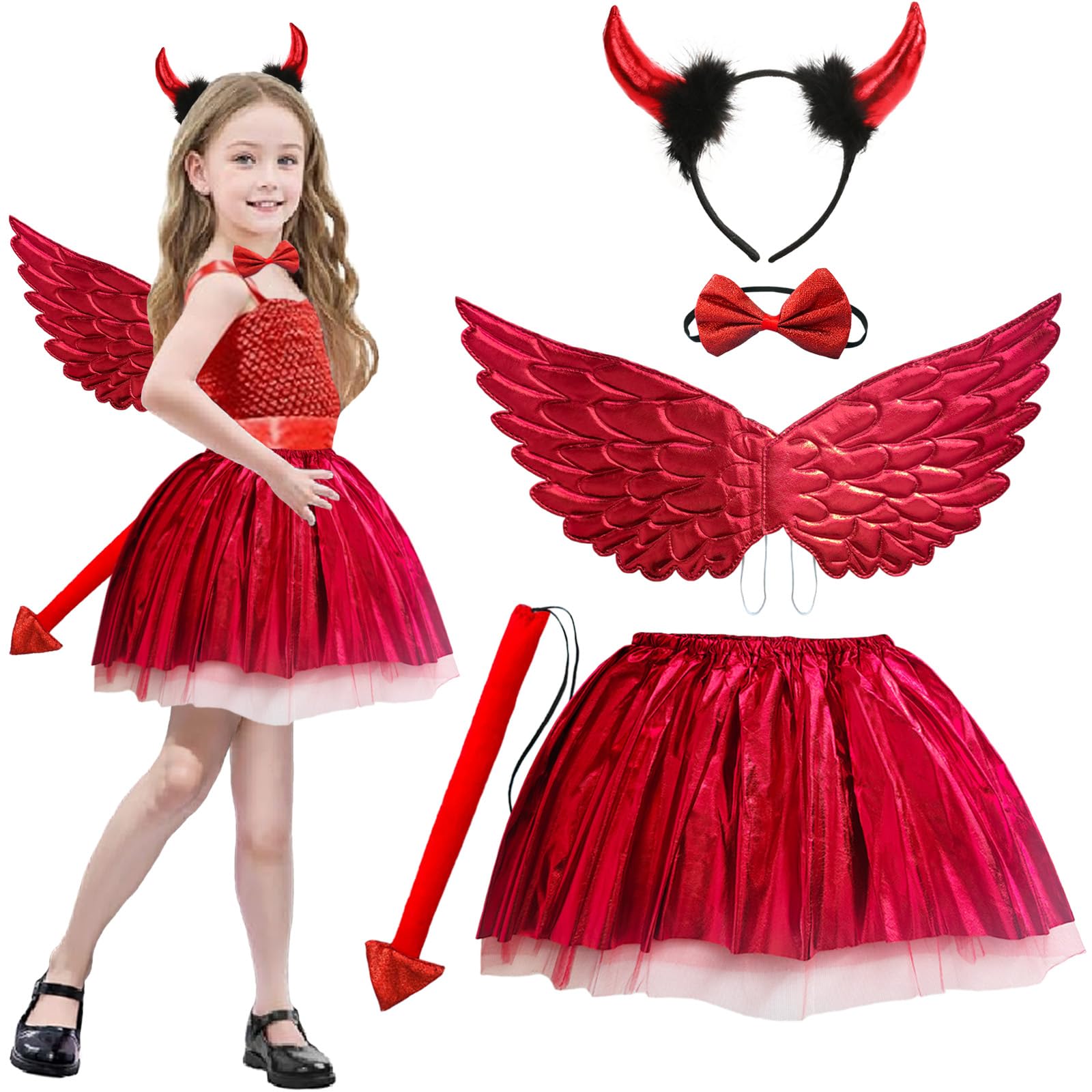 GugnRyAc 5 Pcs Devil Costume for Girls, Red Devil Dress Up Outfit with Horn, Angel Wings, Tutu Skirt, Bowtie, Tail, for 3-10y Kids Carnival Halloween