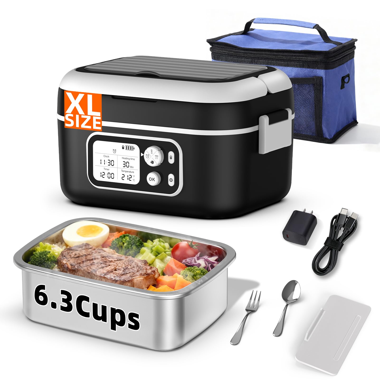 Photo 1 of Cordless Electric Heated Lunch Box for Adults, XL 6.3-Cups 24000mAh Rechargeable Battery Powered Smart Self Heating Lunchbox for Men Women, 100W Food Warmer for Trucks Driver Travel Office Worker