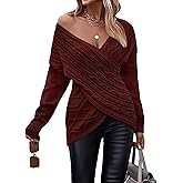 Womens Casual V Neck Long Sleeve Sweaters Cross Wrap Front Cable Knit Pullover Sweater Jumper Tops