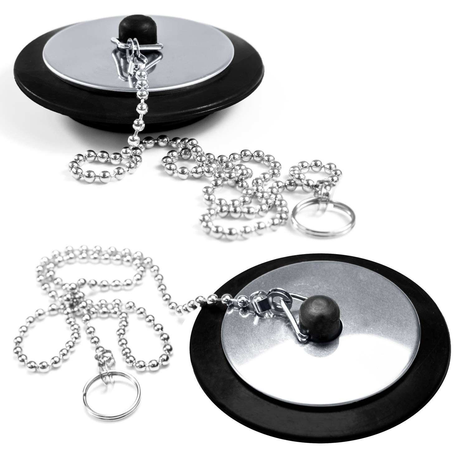 TRIXES Sink Plug - Chrome & Rubber - Bath Plug -Drain Cover - Pack of 2 - Bathroom Accessory for Baths & Sinks - 1.5 Inches - Long Metal Ball Chain - Great Universal Replacement