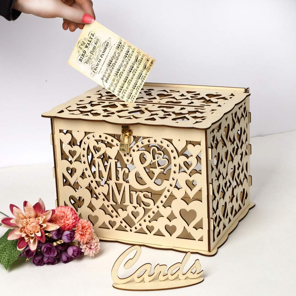 GKanMore Mr and Mrs Wedding Card Box DIY Wedding Box with Lock and Card Sign Wooden Gift Card Box Money Box for Wedding Reception Baby Shower Graduation Birthday Party Decorations (Style A)