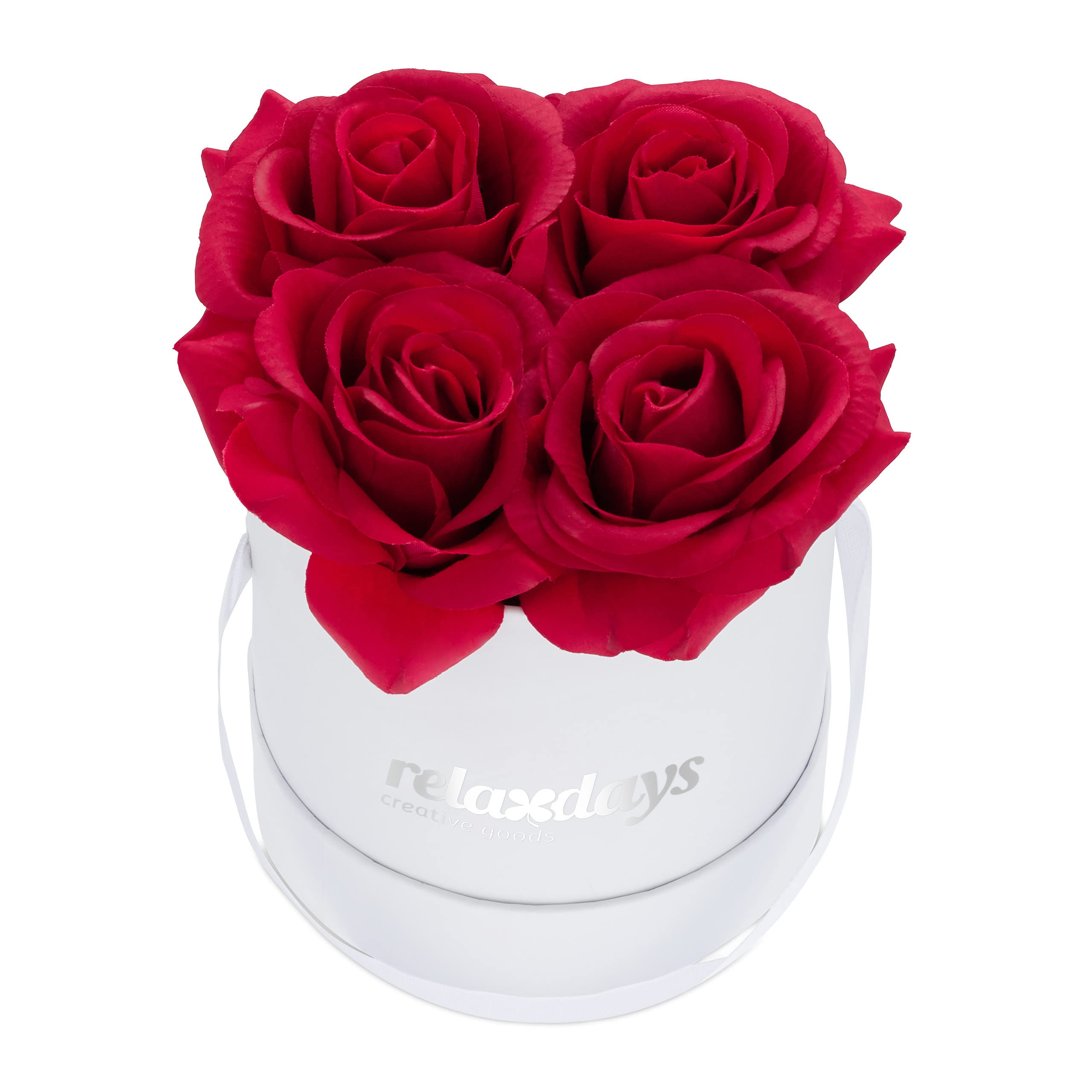 Relaxdays Round Flowerbox with 4 Faux Roses, White Box, Last 10 Years, Present, Decorative Bouquet, Red