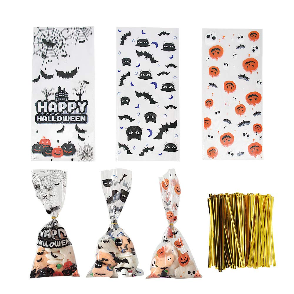 150PCS Halloween Sweet Bags Candy Bags Treat Bags Halloween Sweets Bags with Pumpkins,Bat,Black Cat and " HAPPY HALLOWEEN" Patterns,150PCS Gold Ties for Halloween Games Party