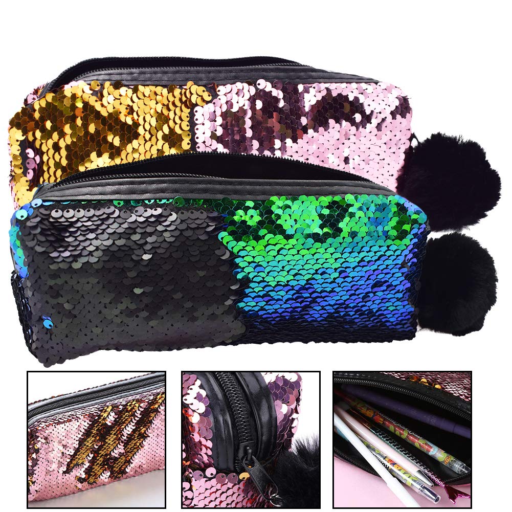 Mermaid Cosmetic Bag, BETOY 2 pcs Glitter Cosmetic Bag Spiral Reversible Portable Sequins Pencil Case for Girls Women Make Up Pouch with Pompon Zip Closure, Green Pink