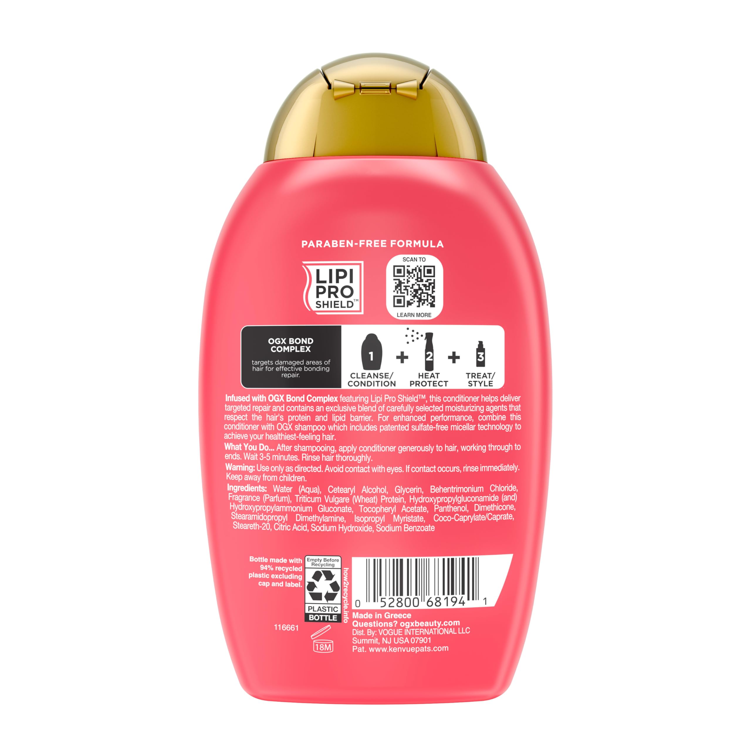 OGX Repair & Protect Bond Protein Repair Conditioner, Lightweight Conditioner Targets Damaged Areas of Hair, Formulated without Parabens, Sulfate-Free Surfactants, 13 fl. oz