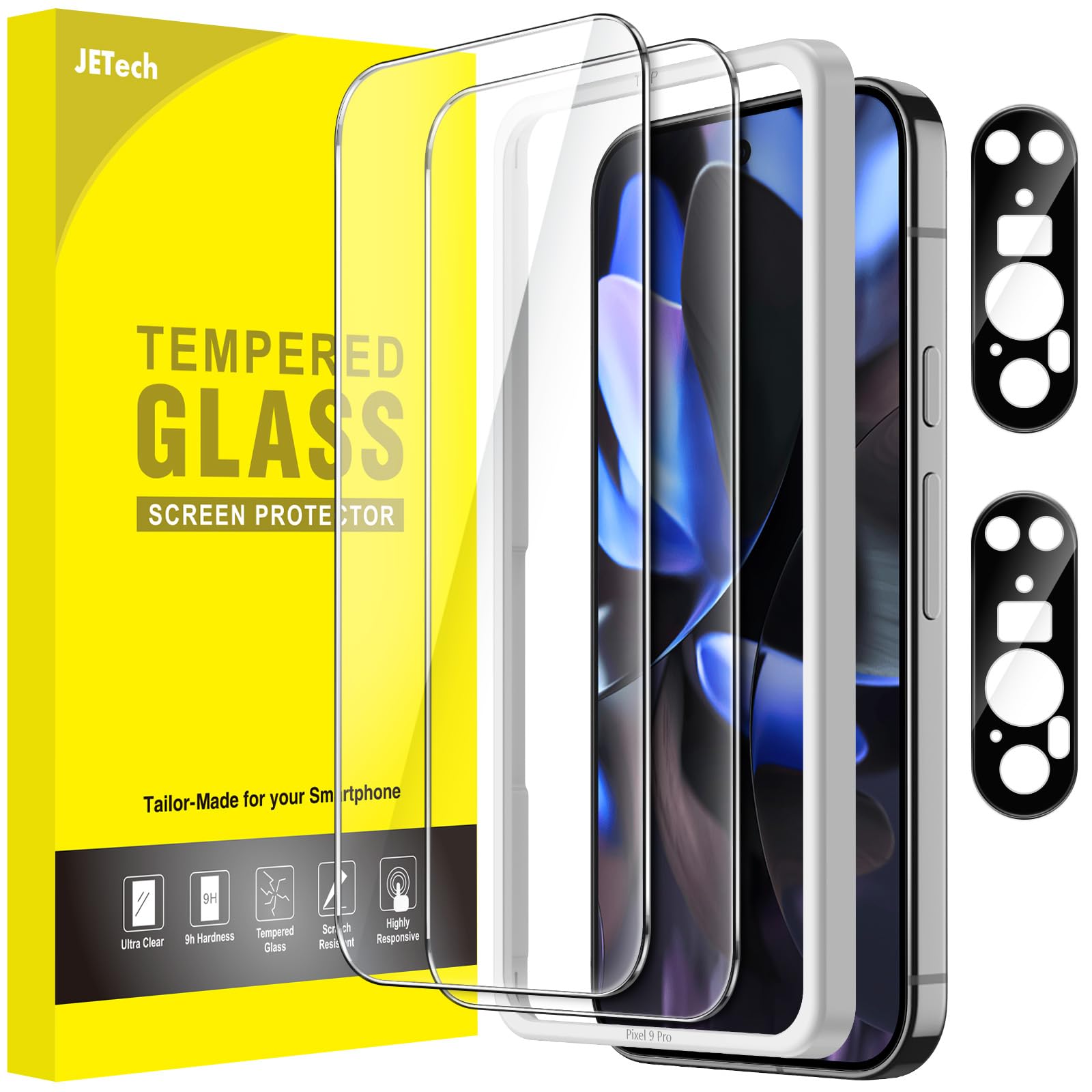 JETech Screen Protector for Google Pixel 9 Pro with Camera Lens Protector, Easy Installation Tool, Fingerprint Compatible, Tempered Glass Film, HD Clear, 2-Pack Each