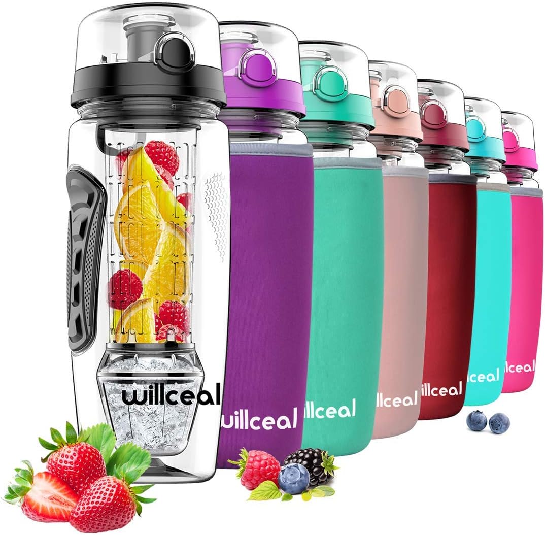 Fruit Infuser Water Bottle 32oz Durable with Detachable Ice Gel Ball, Large - BPA Free Tritan, Flip Lid, Leak Proof Design - Sports, Camping