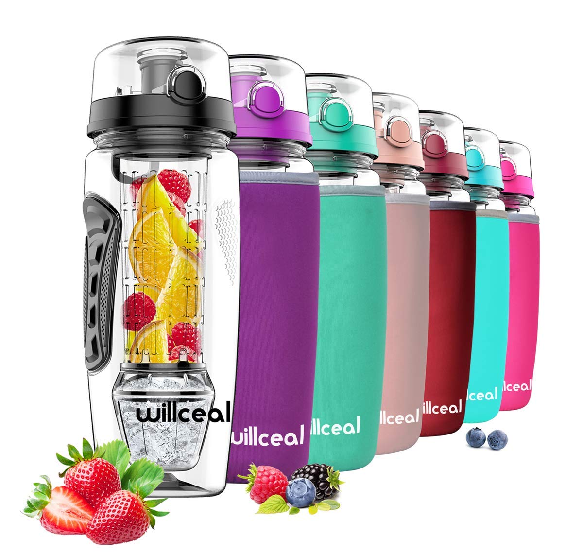 willceal Fruit Infuser Water Bottle 32oz Durable with Detachable Ice Gel Ball,Large - BPA Free Tritan, Flip Lid, Leak Proof Design - Sports, Camping (Black)