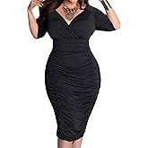 Yiershu Womens Plus Size Short Sleeve Bodycon Dresses Sexy Ruched Wrap Deep V Neck Party Cocktail Dress