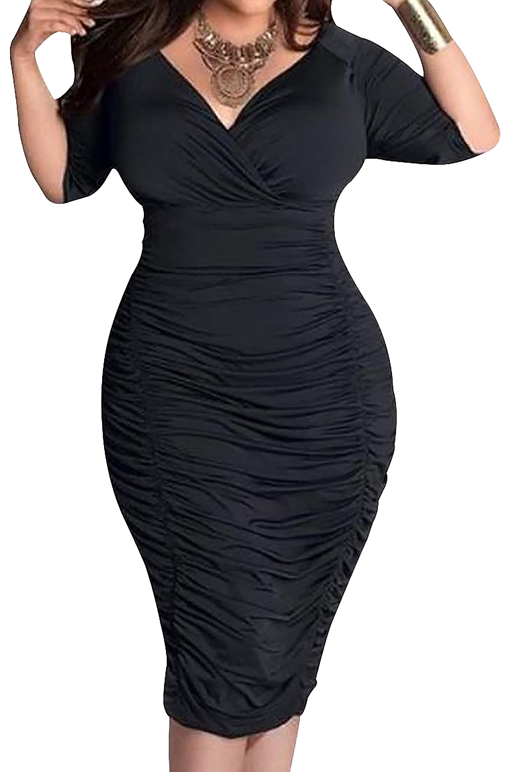 Photo 1 of Womens Sexy Plus Size Dresses Bodycon Wrap V Neck Ruched Elegant Short Sleevees Midi Pencil Casual Dress for Business Workwear Black