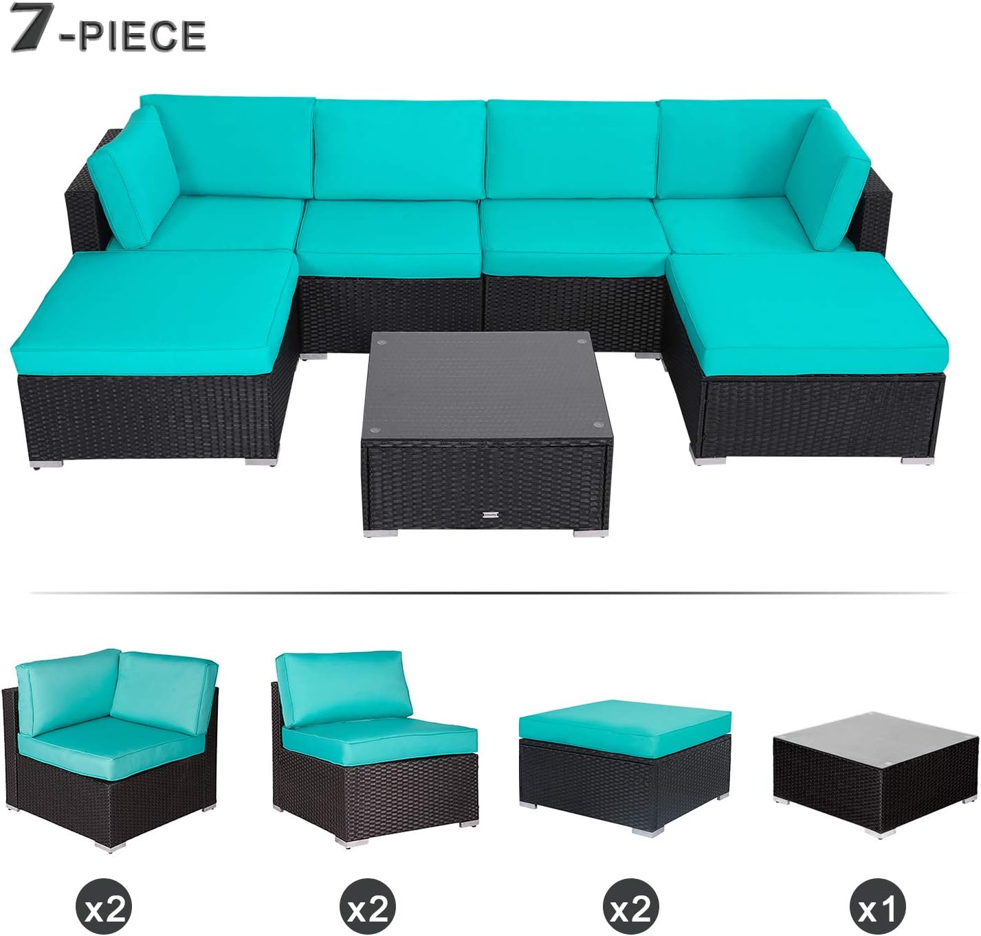 Amazon Com Peach Tree 7 Pcs Outdoor Patio Set With 2 Ottomans All Weather Pe Rattan Wicker Sectional Sofa Furniture Set Withtea Table Kitchen Dining