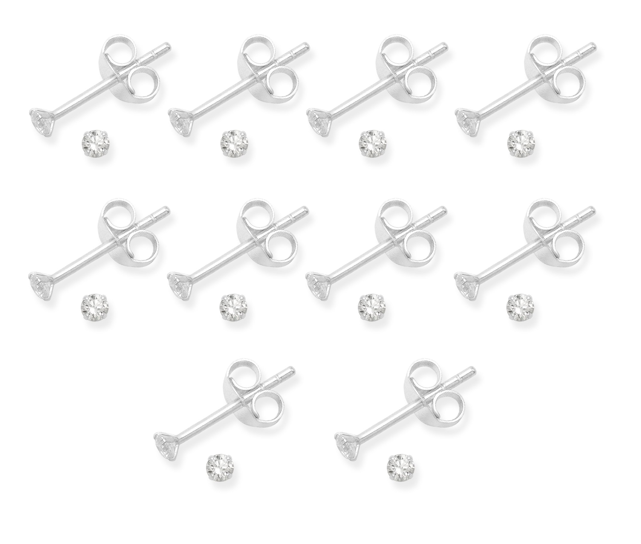 PACK OF 10 PAIRS Silver Sterling Silver Cubic Zirconia Earrings - Size: TINY! 3mm Very small & discreet. PHOTO IS NOT LIFE SIZE.Gift Boxed. 5550CL/10