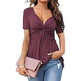 Tankaneo Womens Front Knotted V-Neck Blouse T Shirt Short Sleeve Oversized Tunic Tops Summer Solid Pullover Tees