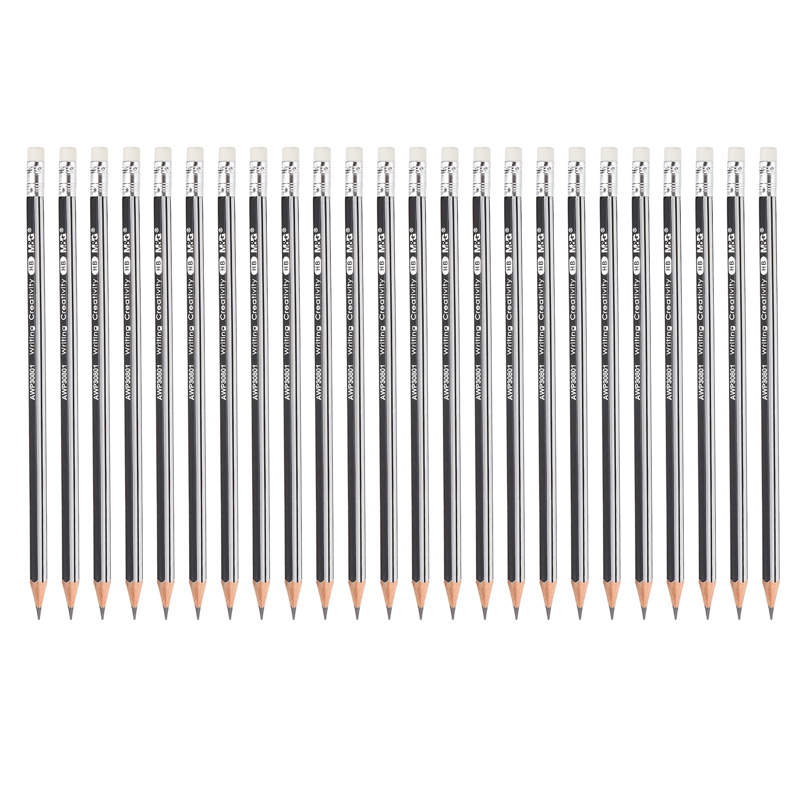 M&G Wooden Hexagonal Pencils, 24 Pcs HB Pencils Graphite Round Pencils with Eraser for Classroom Teacher Office Supplies, Silver Black