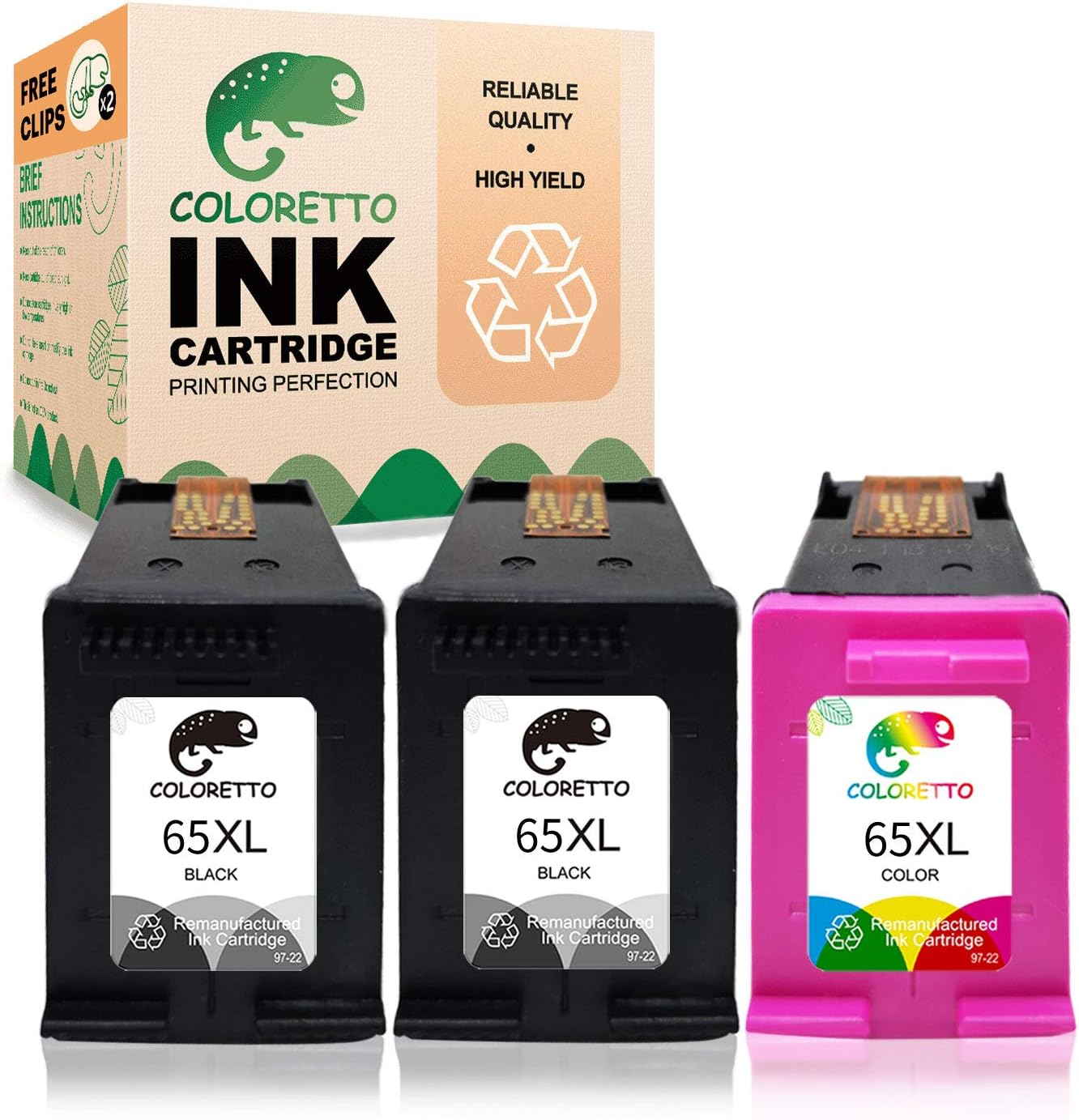 Coloretto Remanufactured Printer Ink Cartridge Replacement for HP 65 65XL 65 XL Combo Pack for Deskjet 2622 2624 2652 2680 2730 3720 3730 3752 3755 3758,Envy 5052 5055 5058(2 Black+1 Tri-Color