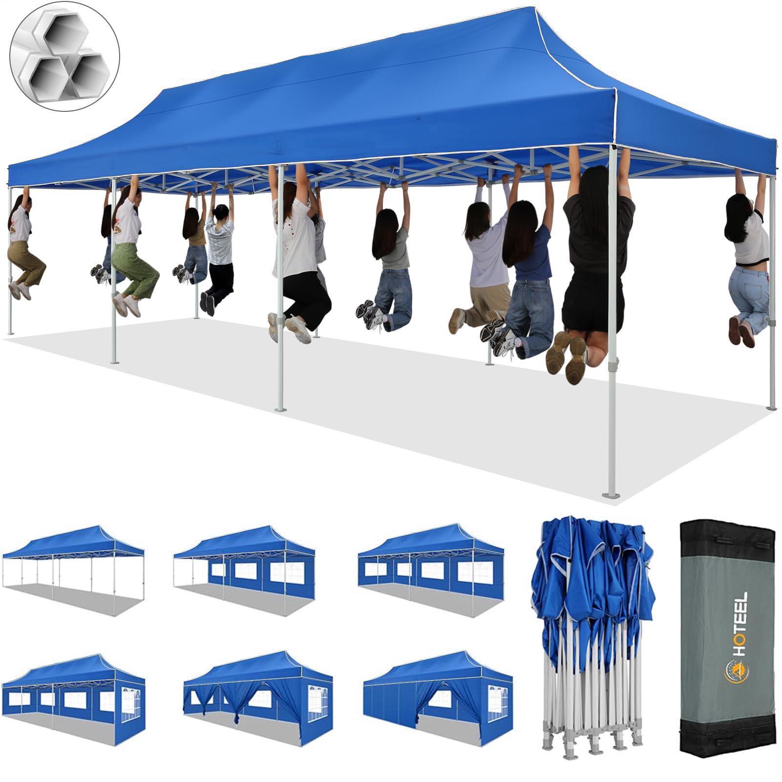Photo 1 of HOTEEL 10x30 Pop up Canopy Tent for Parties, Heavy Duty Easy Setup Tent with 8 Sidewalls, Outdoor Commercial Instant Gazebo for Wedding Event, with Portable Bag & Sand Bags, Blue(Hexagonal Frame)