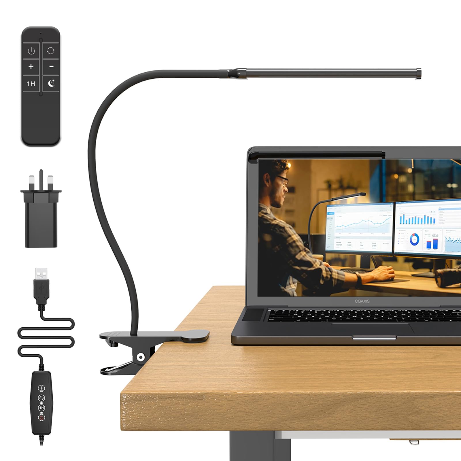 Mojimdo 77 LED Dimmable Desk Lamp with Remote [3 Colour Temperatures & 10 Brightness Levels] 40cm Flexible Arm with USB Charger, Easy Clip on Reading Light, Led Table Lamp, Work Lamp for Home