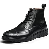 Hantatop Mens Dress Boots, Genuine Leather Brogue Wingtip Mens Casual Oxford Boots with Side Zipper, Comfortable Formal Lace Up Chukka Ankle Boot for Men
