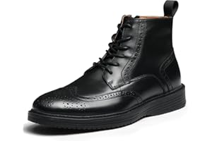 Hantatop Mens Dress Boots, Genuine Leather Brogue Wingtip Mens Casual Oxford Boots with Side Zipper, Comfortable Formal Lace Up Chukka Ankle Boot for Men